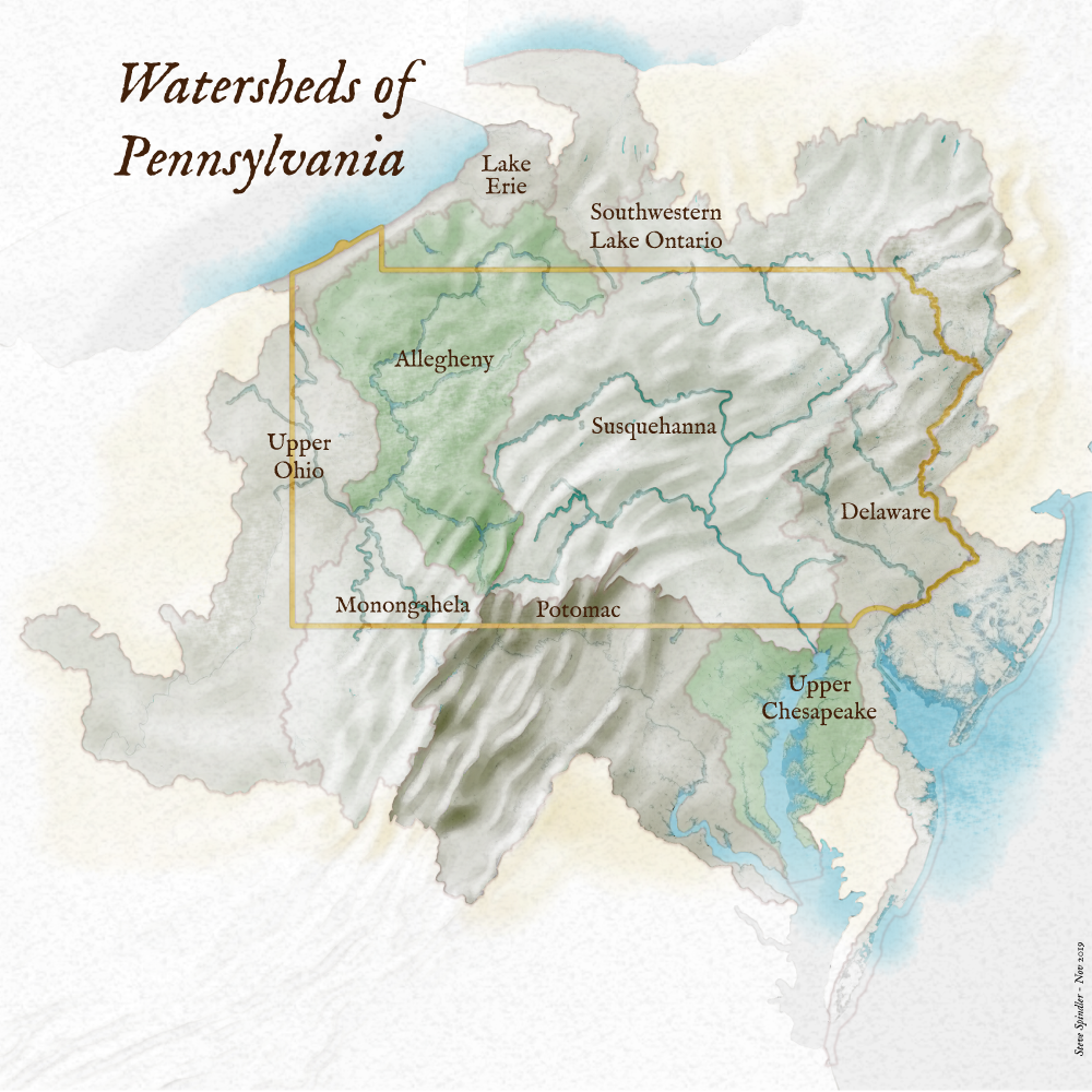 Steve Spindler's watercolour map of Pennsylvania watershed